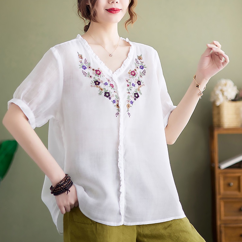 Áo Sơ Mi Vải Lanh cotton Thêu Họa Tiết Phong Cách Trung Hoa Cho Nữ
