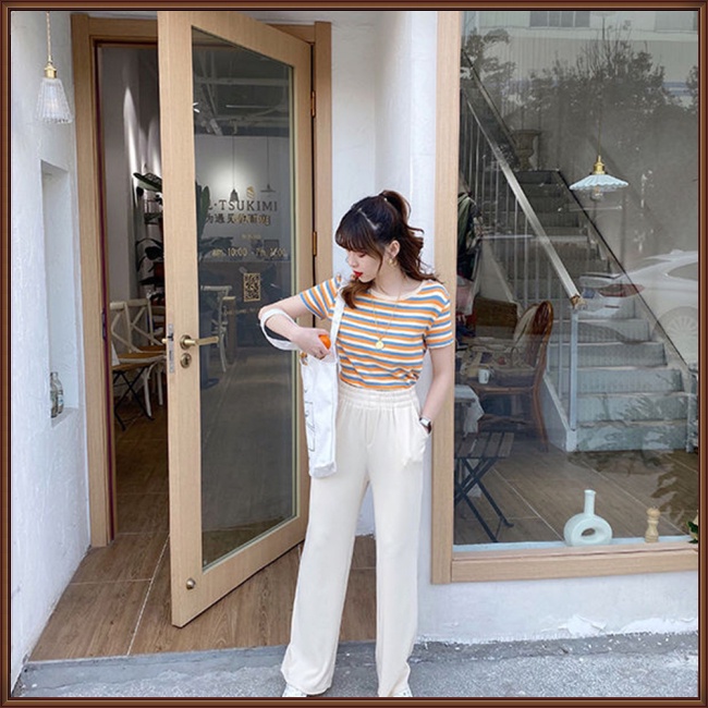 Áo Thun Tay Ngắn Cổ Tròn Dáng Ôm Thoáng Khí In Họa Tiết Kẻ Sọc Cổ Điển Thời Trang Cho Nữ