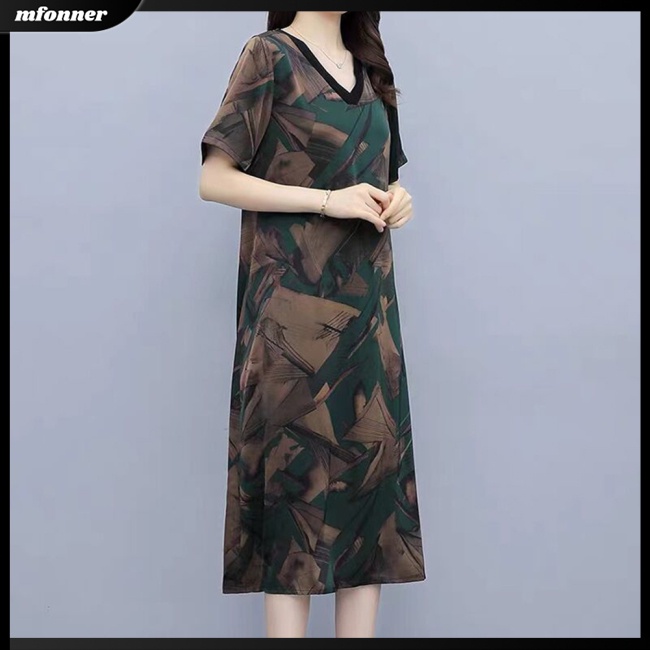 Đầm Midi Tay Ngắn Cổ Chữ V Bằng Lụa Lạnh Dáng Rộng In Họa Tiết Cổ Điển Thời Trang Mùa Hè Dành Cho Bạn Nữ