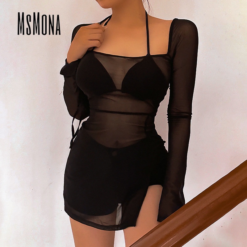 Đầm Tay Dài Cổ Vuông Phối Lưới Xuyên Thấu Màu Trơn Thời Trang 2023 Quyến Rũ Cho Nữ