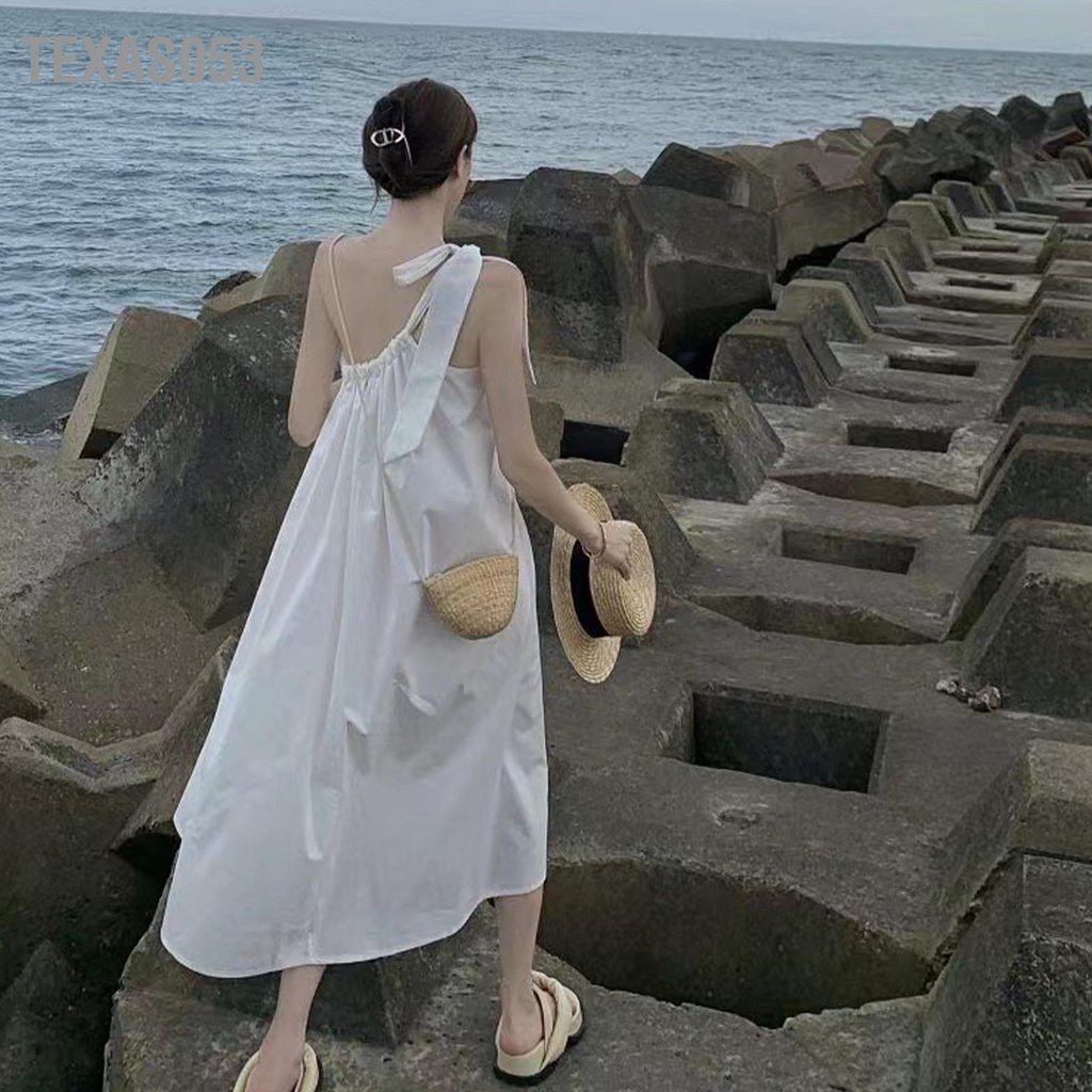 Texas053 Đầm Dây Một Vai Màu Tinh Khiết Dài Phong Cách Chảy Viền Thoải Mái Đi Biển Thường Ngày Cho Kỳ Nghỉ Lễ