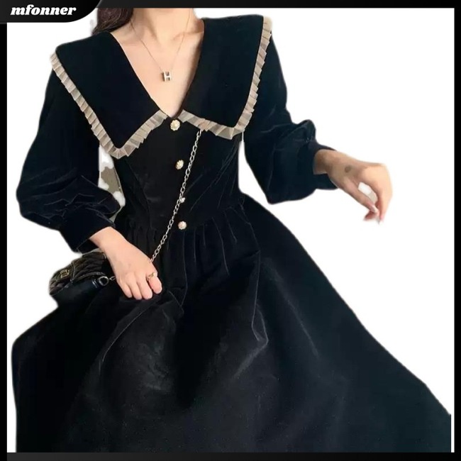 Đầm Chữ A Dài Tay Lưng Cao Cổ Búp Bê Xinh Xắn Theo Phong Cách Thu Đông Dành Cho Nữ