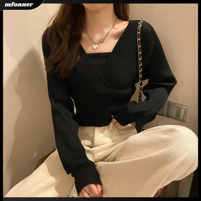 Áo Sweater Dệt Kim Tay Dài Cổ Vuông Chất Liệu Dày Dặn Màu Sắc Đơn Giản Thời Trang Cho Nữ