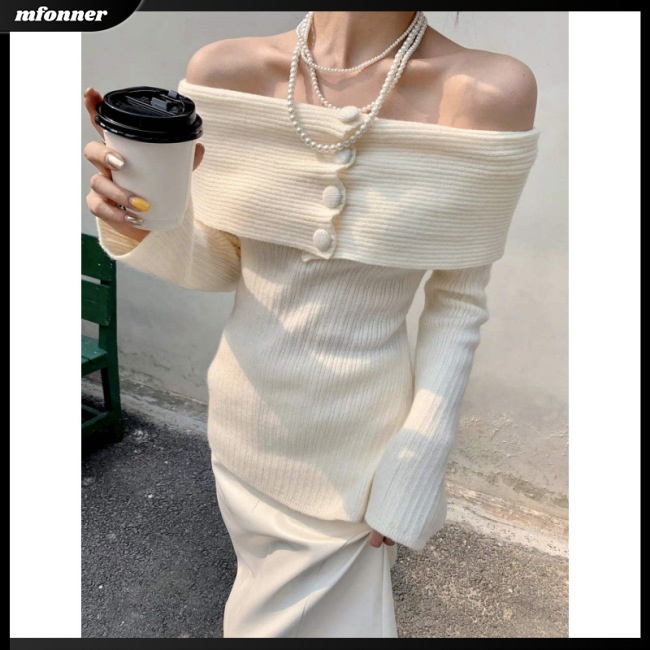 Áo Sweater Dệt Kim Trễ Vai Tay Dài Dáng Ôm Màu Trơn Thời Trang Quyến Rũ Cho Nữ