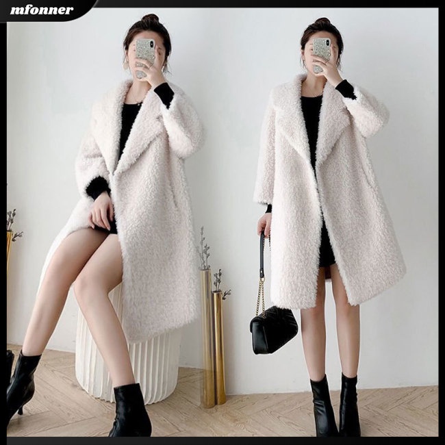 Áo Khoác Lông Cừu Tay Dài Màu Trơn Thời Trang Mùa Đông Cho Nữ