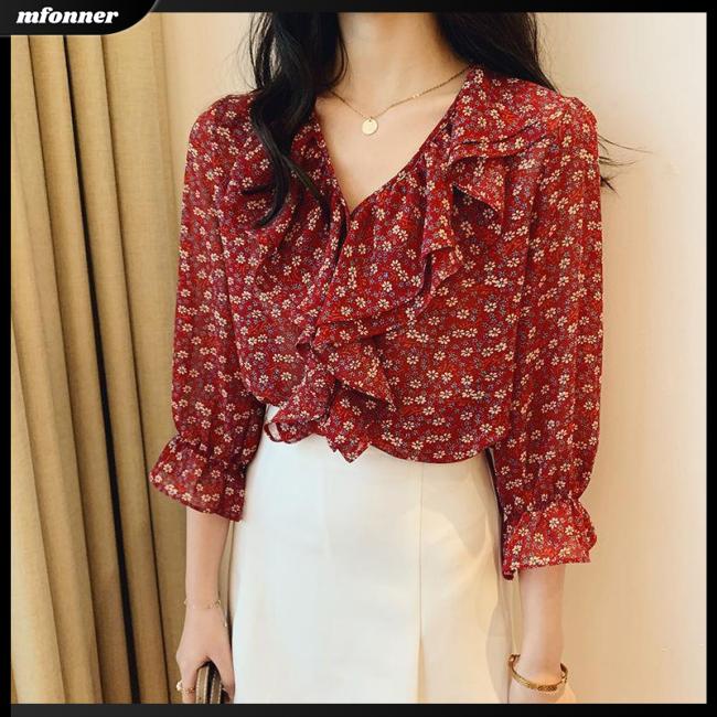 Áo Sơ Mi Chiffon Tay Dài Cổ Chữ V Họa Tiết Hoa Dáng Rộng Thời Trang Cho Nữ