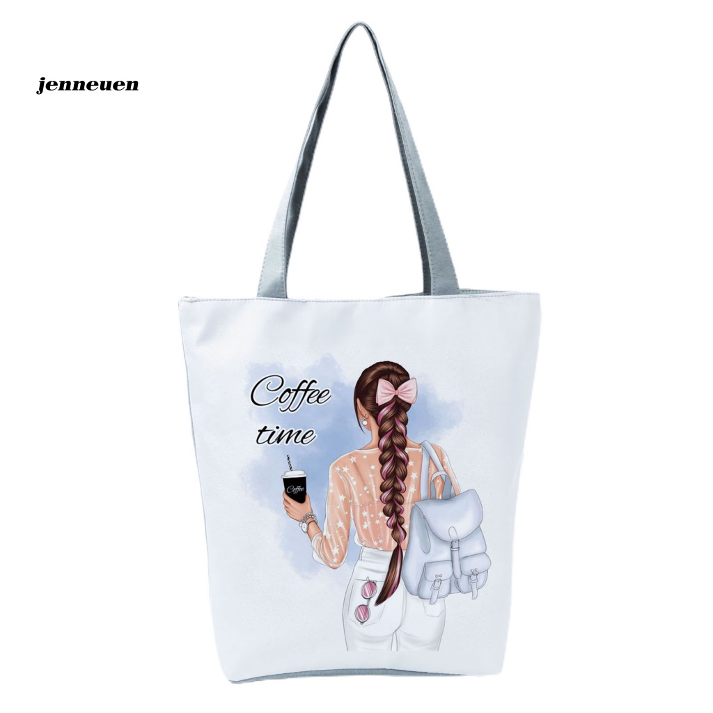 Túi Tote Đeo Vai Màu Trơn Có Khóa Kéo In Họa Tiết Cô Gái Nhỏ Dễ Thương Thời Trang Công Sở Cho Nữ