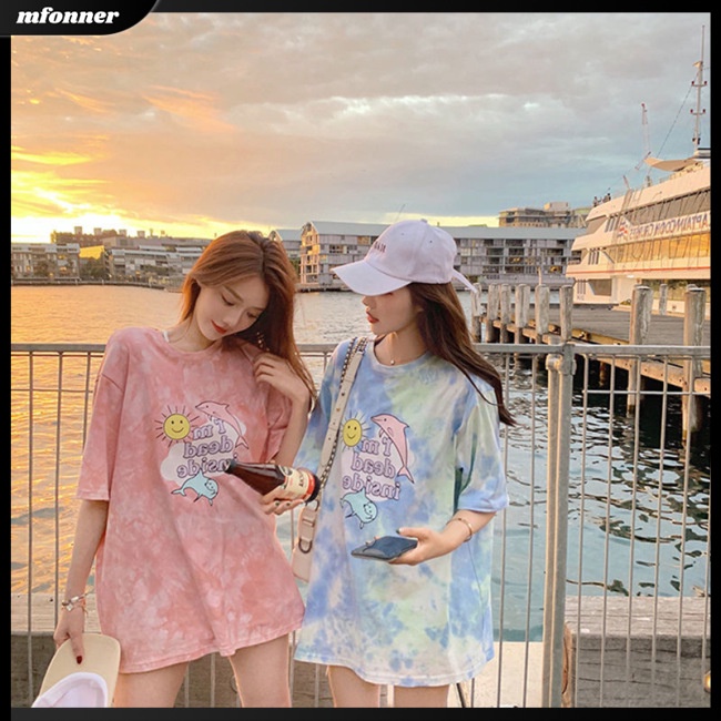 Áo Thun Tay Ngắn Cổ Tròn Nhuộm Màu Họa Tiết Hoạt Hình Thời Trang Mùa Hè Cho Nữ