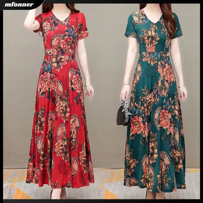 Đầm Chữ A Ngắn Tay Cổ Chữ V Lưng Cao In Họa Tiết Thời Trang Mùa Hè Cho Nữ