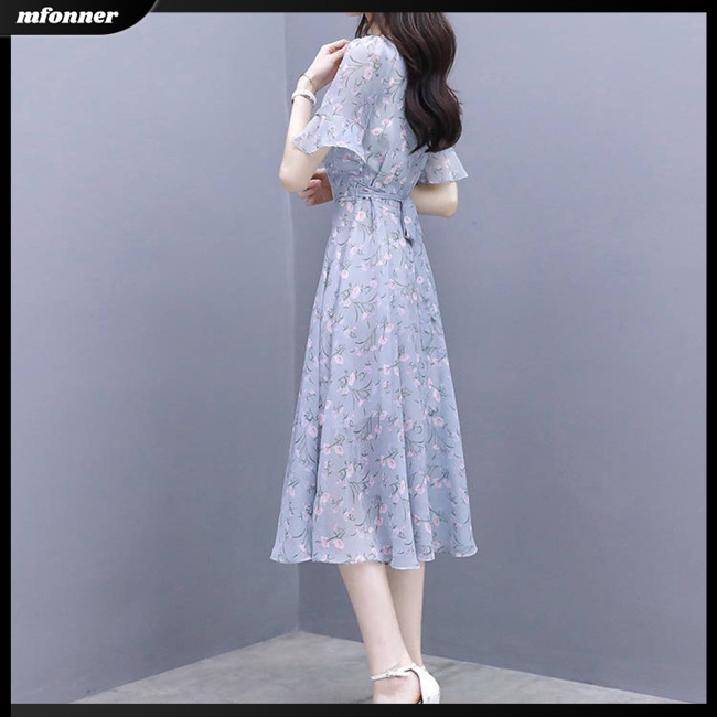 Đầm Dáng Chữ A Tay Ngắn Cổ Tròn in Hoa Thời Trang Mùa Hè Cho Nữ