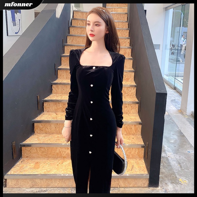 Đầm Midi Tay Dài Cổ Vuông Eo Cao Màu Sắc Đơn Giản Thanh Lịch Dành Cho Nữ