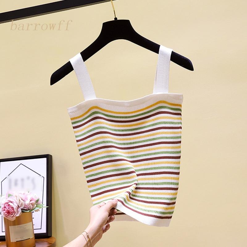 Brroa Áo Croptop Dệt Kim Hai Dây Bản Rộng Kẻ Sọc Cầu Vồng Mùa Hè Hàn Quốc Cho Nữ Sw