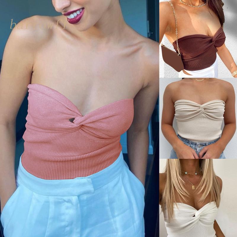 Brroa Áo Croptop Dệt Kim Hai Dây Thắt Nút Trước Màu Trơn Gợi Cảm Mùa Hè Cho Nữ