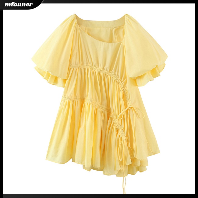 Đầm Cổ Vuông Tay Phồng Dáng Rộng Phối Dây Rút Thời Trang Cho Nữ