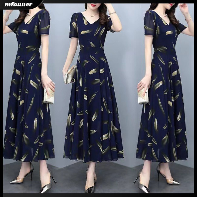 Đầm Cổ Chữ V Eo Cao Tay NgắN in Hoa ThờI Trang Cho Nữ