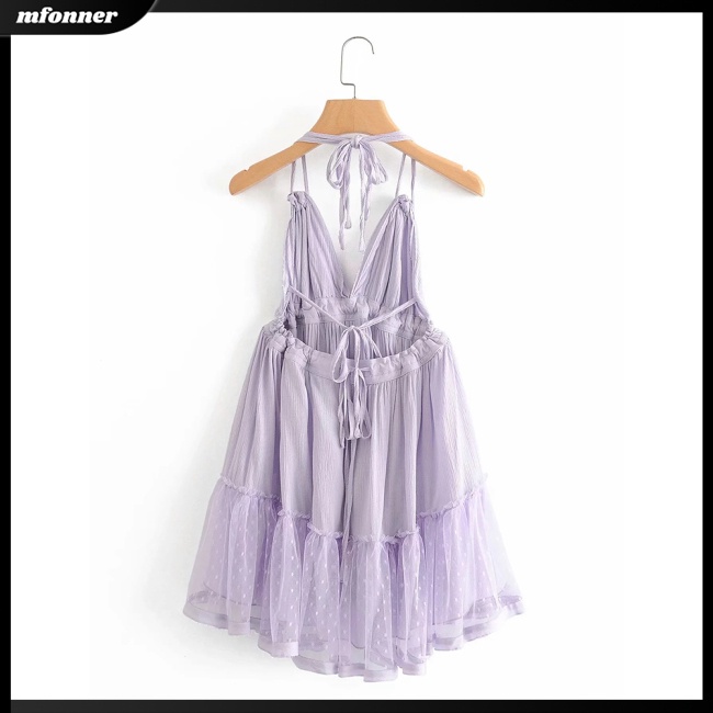 Đầm Hai Dây Cổ Chữ V Phối Lưới Màu Sắc Trơn Thời Trang Mùa Hè Cho Nữ