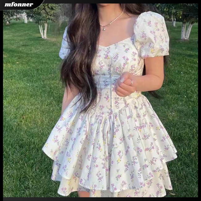 Đầm Công Chúa Dáng Chữ A Tay Phồng Cổ Vuông in Hoa Ngọt Ngào