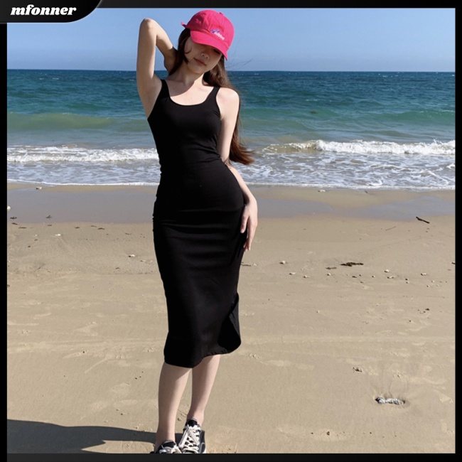 Đầm Midi Hai Dây Cổ Chữ U Màu Sắc Trơn Quyến Rũ Cho Nữ