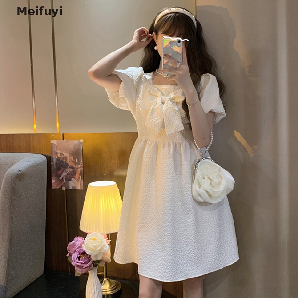 Đầm Mini Dáng Chữ A Cổ Vuông Tay Phồng Đính Nơ Eo Cao Thời Trang Cho Bạn Gái