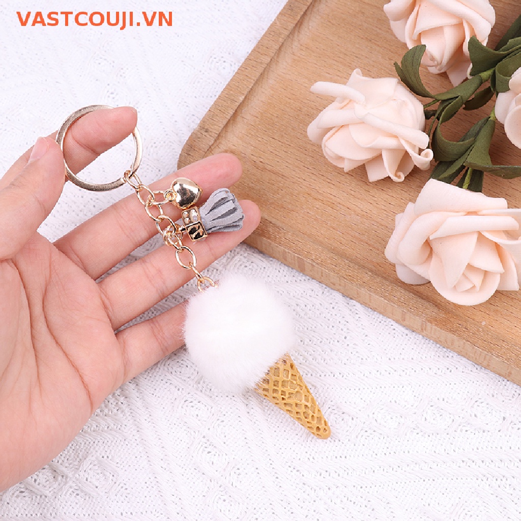 1 Móc Khóa Quả Cầu Lông Xù Hình Cây Kem Đáng Yêu