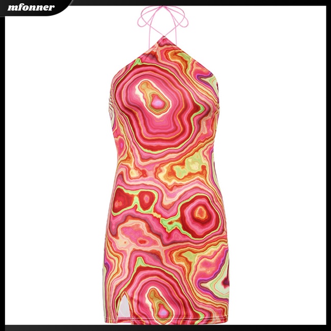 Đầm Ngắn Cổ Yếm Hở Lưng Ôm Dáng In Họa Tiết Trừu Tượng Quyến Rũ Cho Nữ