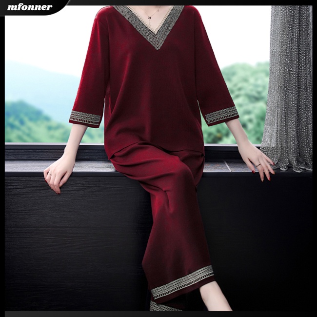 Bộ Trang Phục 2 Mảnh Áo + Quần Dài Dáng Rộng Cổ Chữ V Thoáng Khí Màu Trơn Đơn Giản Hợp Thời Trang Cho Nữ