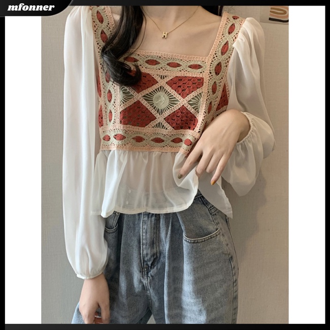 Áo Dệt Kim Chiffon Dài Tay Cổ Vuông Phối Họa Tiết Thổ Cẩm Thời Trang Cho Nữ