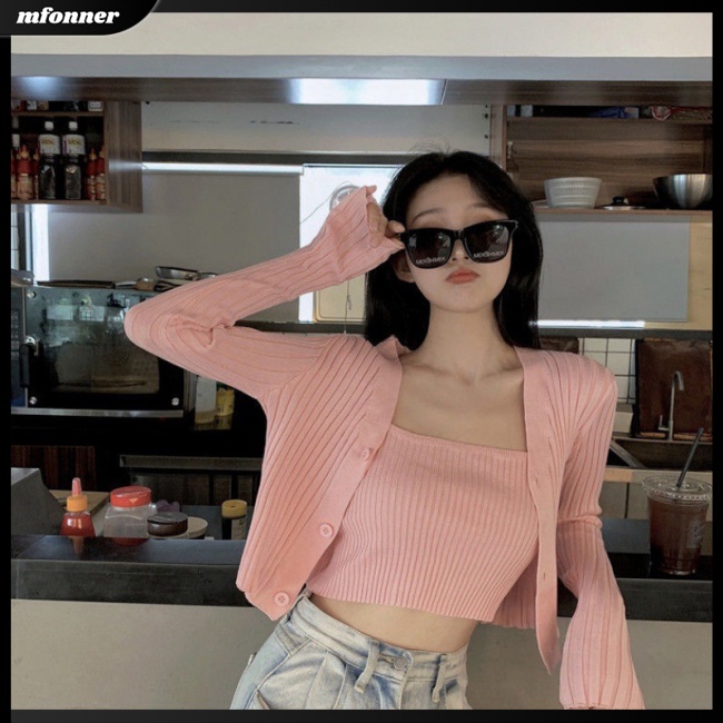 Set Đồ 2 Món Gồm Áo hai dây Màu Sắc Đơn Giản Kèm Áo Khoác Cardigan Dài Tay Bằng Len