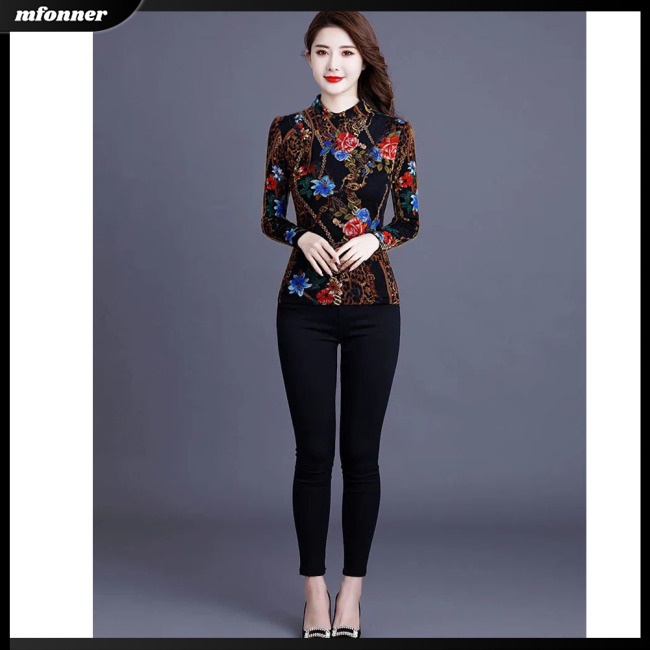 Áo Thun Tay Dài Cổ Lọ Họa Tiết Hoa Thời Trang Thu Đông Cho Nữ