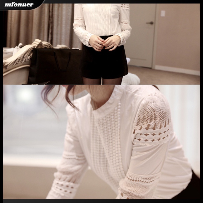 Áo Sơ Mi Trắng Dài Tay Cổ Đứng Phối Ren Hoa Rỗng Cho Nữ