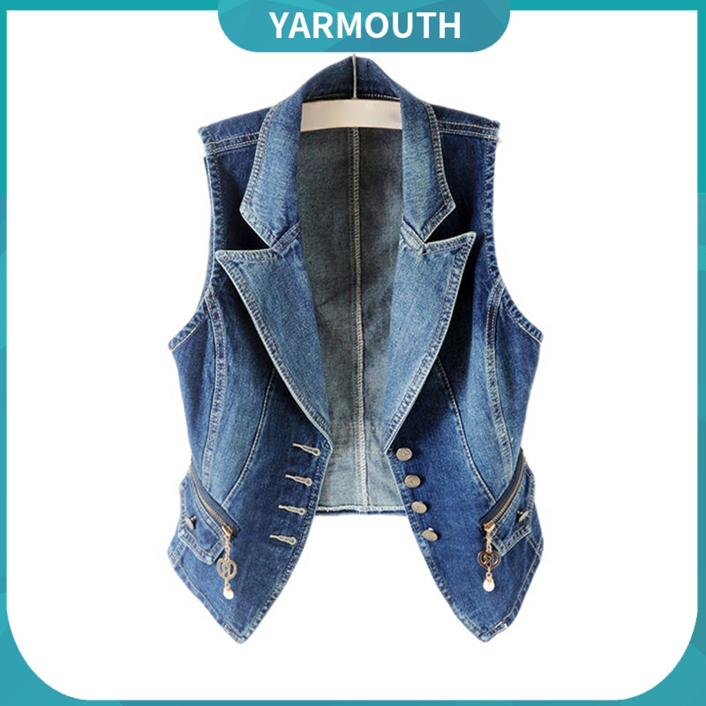 Áo Khoác Denim Không Tay Dáng Rộng Ngắn Cài Một Hàng Khuy Màu Trơn Phối Túi Và Khóa Kéo Phong Cách Đường Phố Cho Nữ