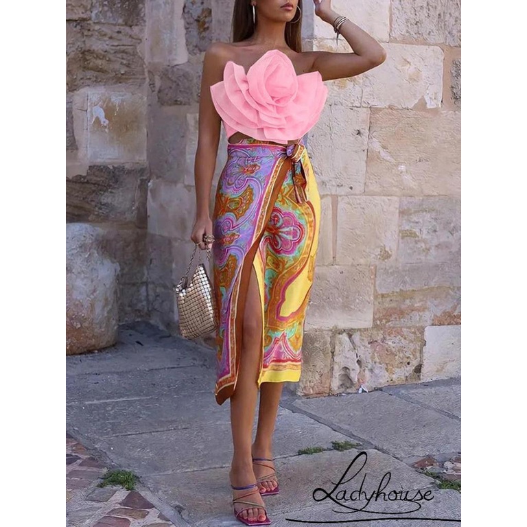 Áo Croptop Hai Dây Màu Trơn Họa Tiết Hoa Hồng 3D Gợi Cảm Cho Nữ