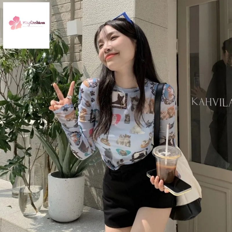 Áo Thun Tay Dài Chống Nắng Phối Lưới In Hình Mèo Phong Cách Retro