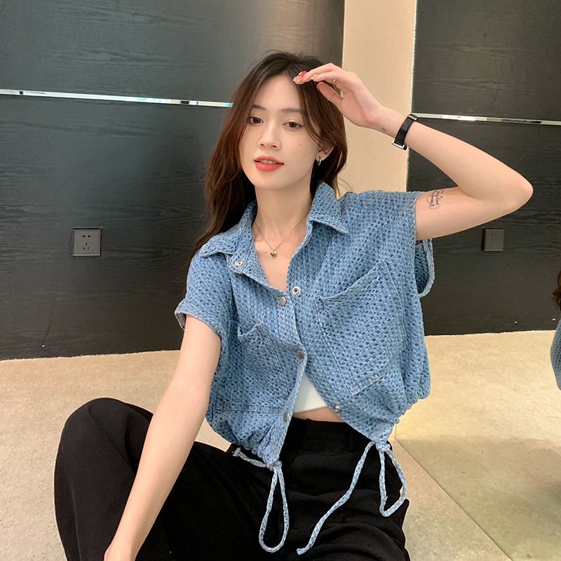 Áo Khoác Denim Sát Nách Phối Dây Rút Cá Tính Cho Nữ