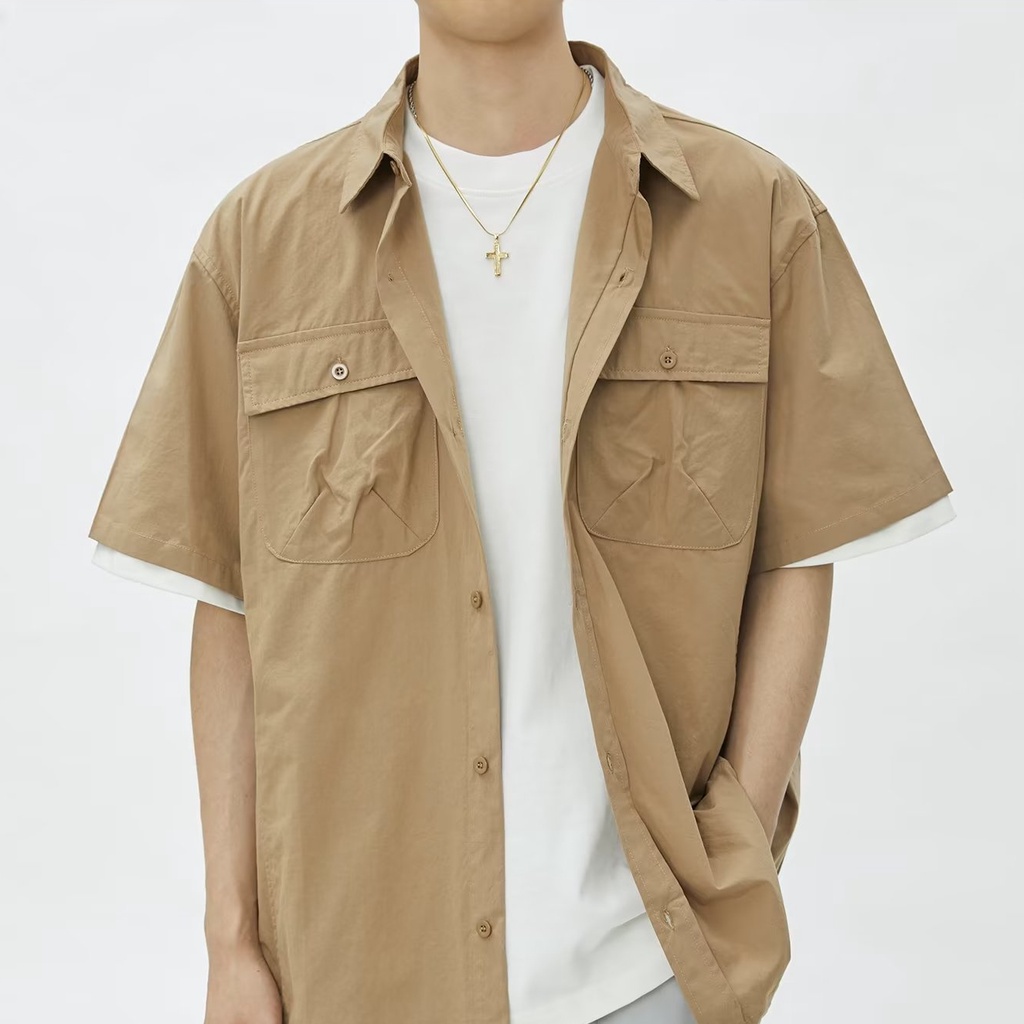 Áo Sơ Mi Ngắn Tay Dáng Rộng Phối Túi Lớn Thời Trang Mùa Hè Nhật Bản Dành Cho Nam