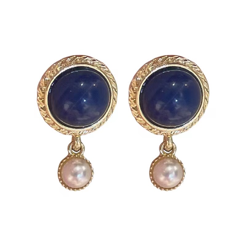 Bông Tai Bạc Đính Ngọc Trai Xanh Dương Phong Cách Pháp Thời Trang Cho Nữ