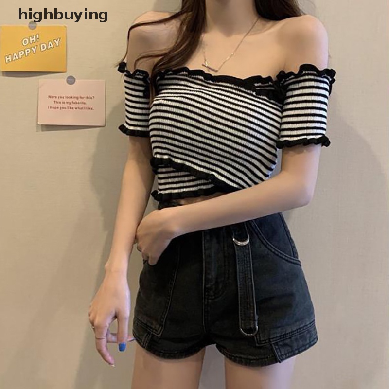 Áo Croptop Dệt Kim Trễ Vai Tay Ngắn Thời Trang Mùa Hè Cho Nữ