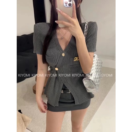 Áo Dệt Kim Mỏng Hai Nút Nhấn Eo / Bất Đối Xứng Thiết Kế Bất Đối Xứng