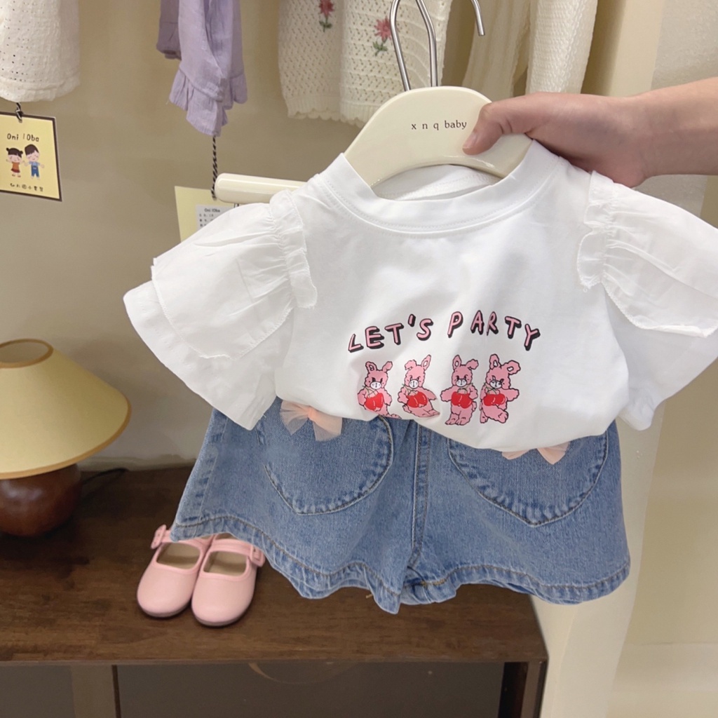 Set Áo Thun Tay Ngắn + Quần Short Denim Thời Trang Mùa Hè Mới 2023 Cho Bé Gái