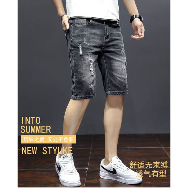 Quần Jeans Lửng 5 Tấc Dáng Ôm Rách Gối Thời Trang Mùa Hè Cho Nam