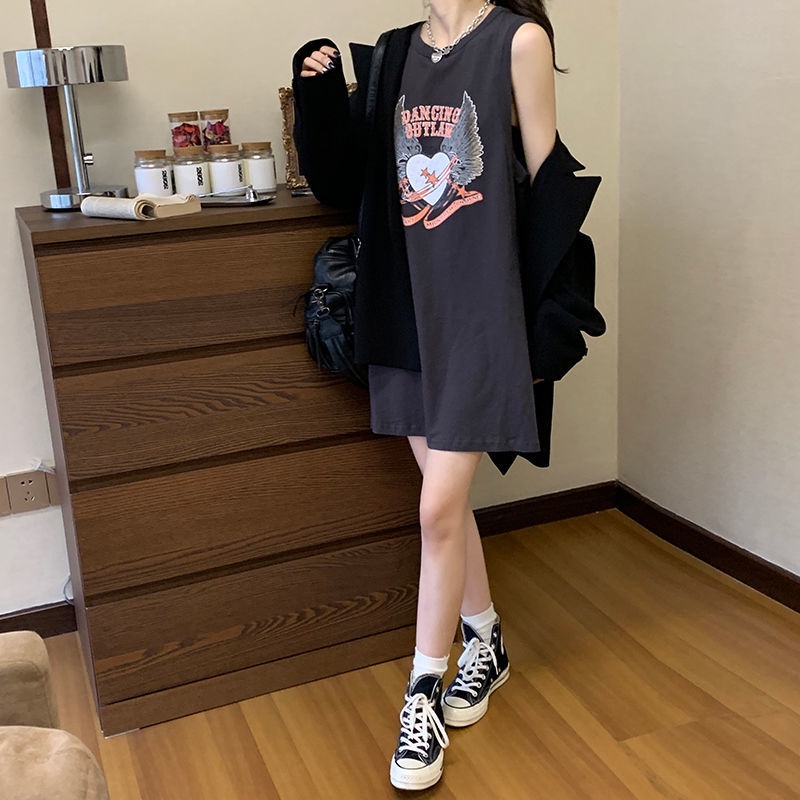 COZOK Đầm Lửng Không Tay Dáng Rộng In Họa Tiết Thời Trang Gợi Cảm Dành Cho Nữ
