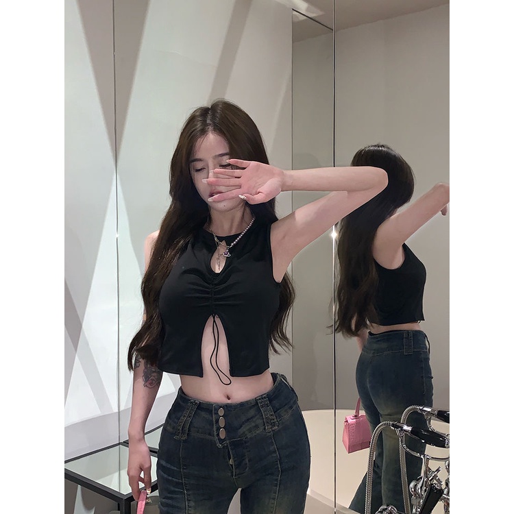 COZOK Áo Hai Dây Dáng Ngắn Form Ôm Thiết Kế Xếp Ly Cột Dây Quyến Rũ