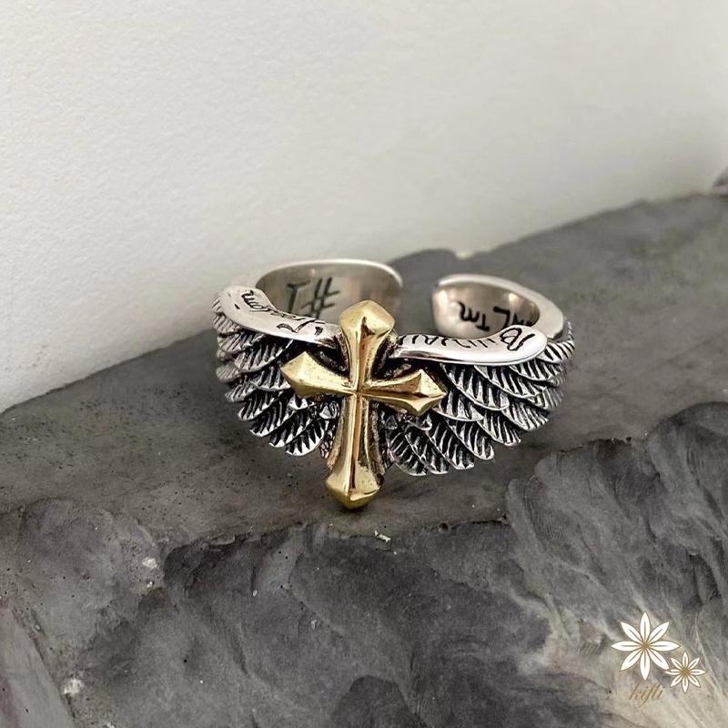 Nhẫn Hở In Chữ Thập Và Đôi Cánh Graffiti Cá Tính Phong Cách Vintage Cho Nam