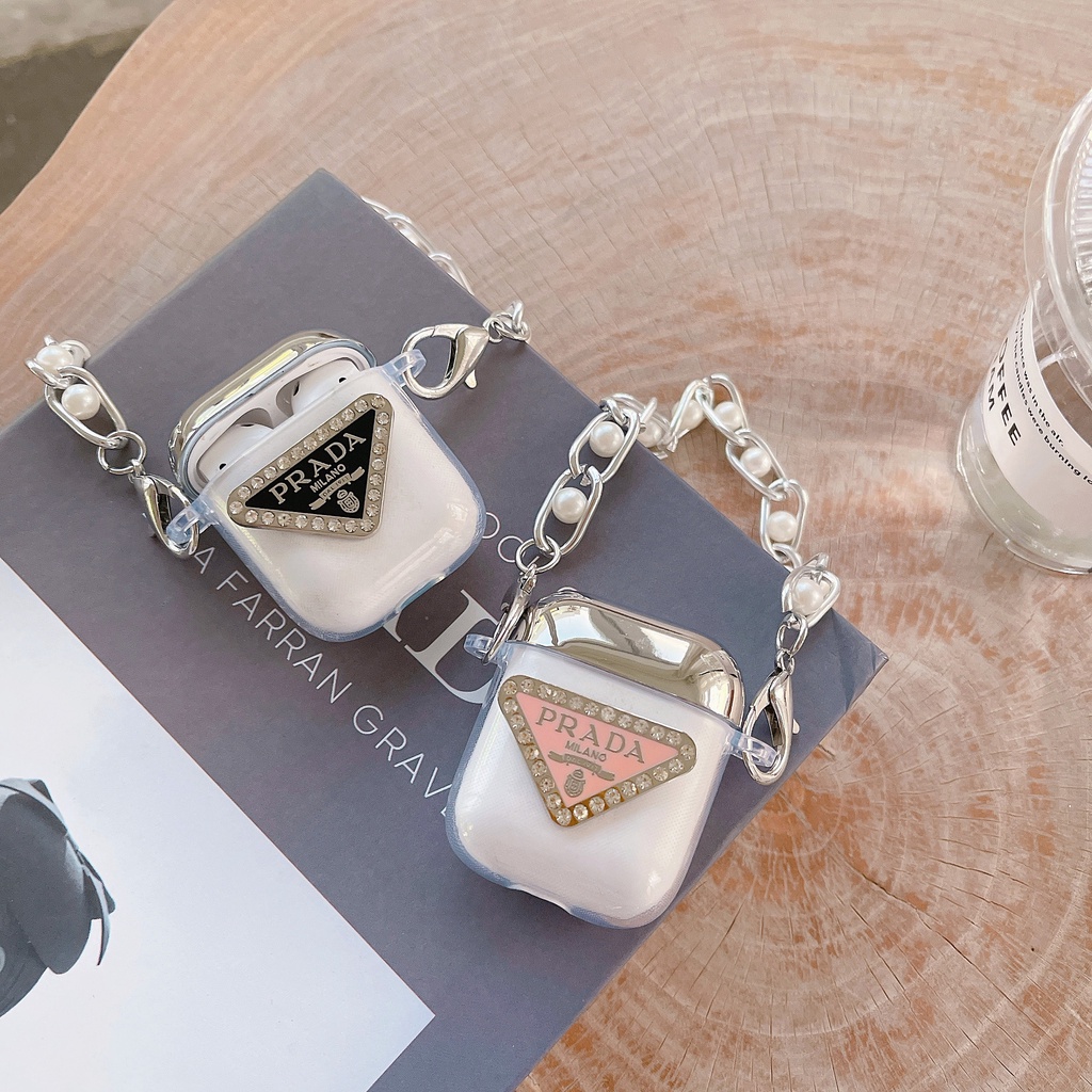 Vỏ Bảo Vệ Hộp Sạc Tai nghe không dây AirPods 1 2 3 Pro2 2022 Bằng tpu Mềm Trong Suốt Chống Sốc Hình Tam Giác Phối Dây Xích Bạc Thời Trang