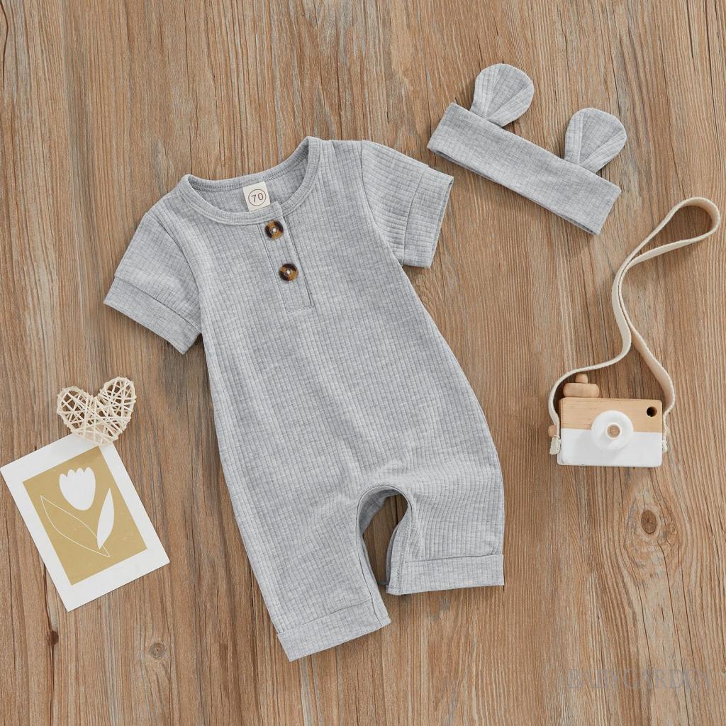 Bộ Áo Liền Quần Dệt Kim Tay Ngắn Cổ Tròn Màu Trơn + Băng Đô Cài Tóc Thời Trang Mùa Hè Cho Bé Trai 0-18 Tháng Tuổi