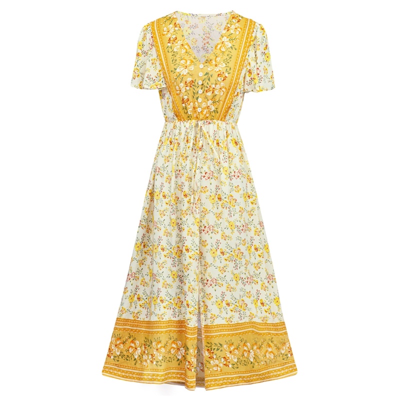 Đầm Midi Ngắn Tay Lưng Thun In Hoa Phối Nút Phía Trước