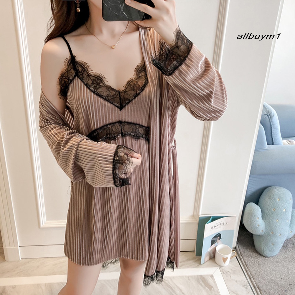 Bộ Đầm Ngủ 2 Dây Tay Dài Phối Ren Gợi Cảm