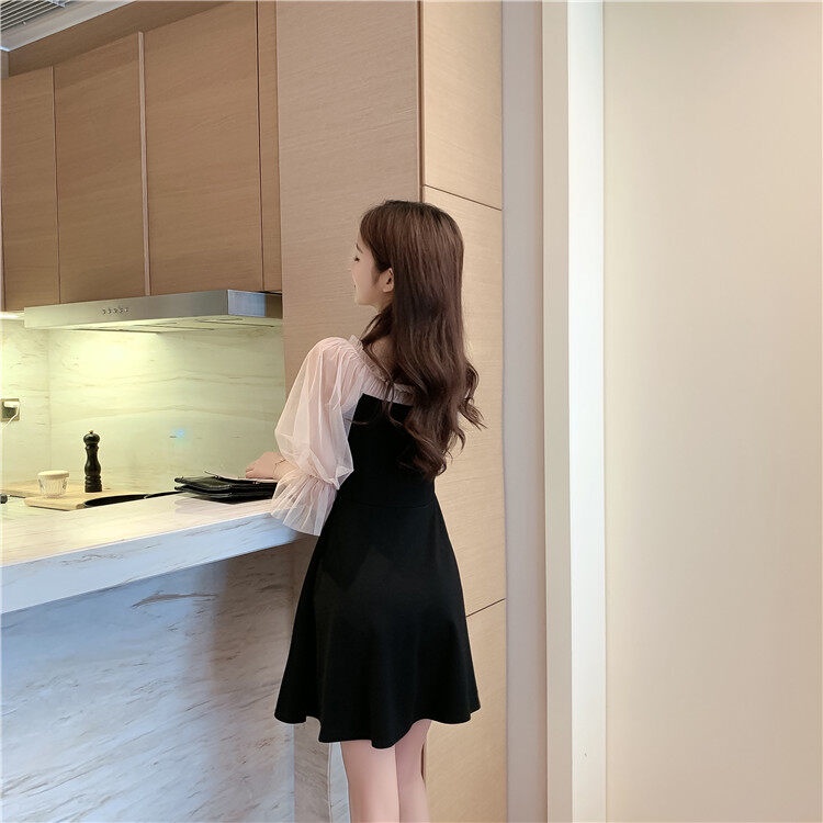 IELGY   Đầm Đen Tay Dài Phối Lưới Dáng Ôm Thời Trang Cho Nữ