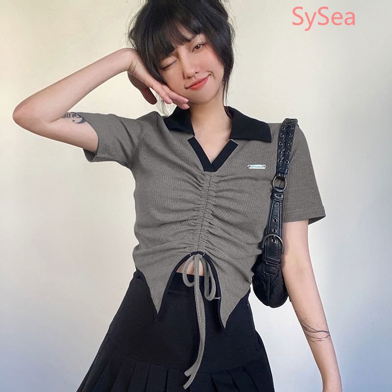 Phụ nữ Mỹ Cổ điển Không thường xuyên Cổ V Dây rút Áo sơ mi xếp ly