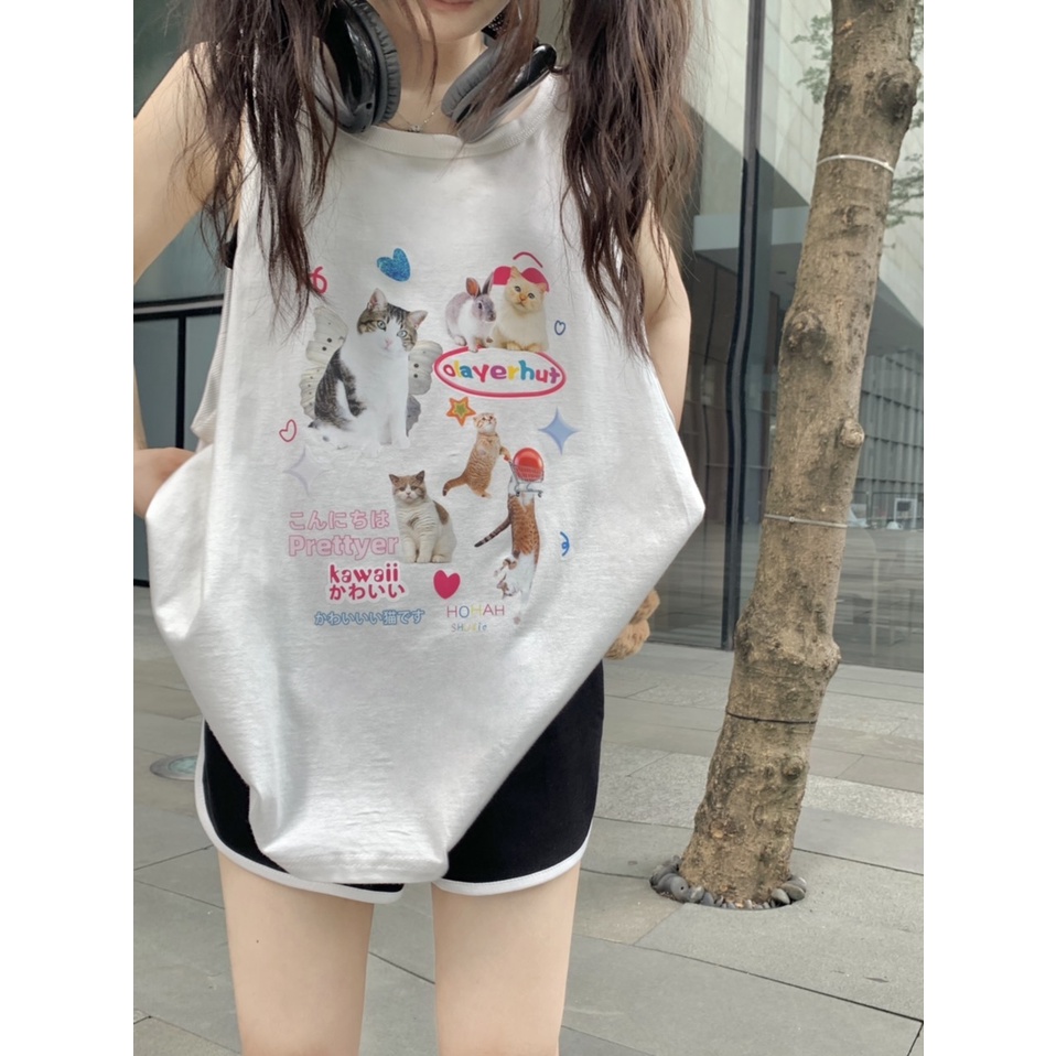 Áo Thun Không Tay In Hình Mèo Dễ Thương Thời Trang Mùa Hè Dành Cho Nữ